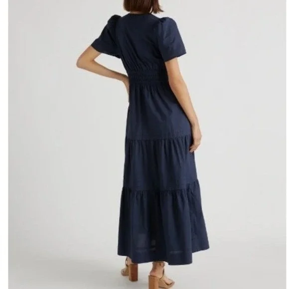 Quince 100% Organic Cotton Poplin Tiered Maxi Dress Women's L Navy Smocked Boho - Picture 3 of 14